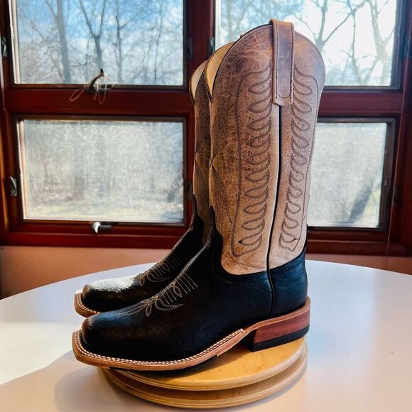 Anderson Bean Cowboy Boots Black Ostrich Ivory Mad dog Size 10.5 EE Mens Western